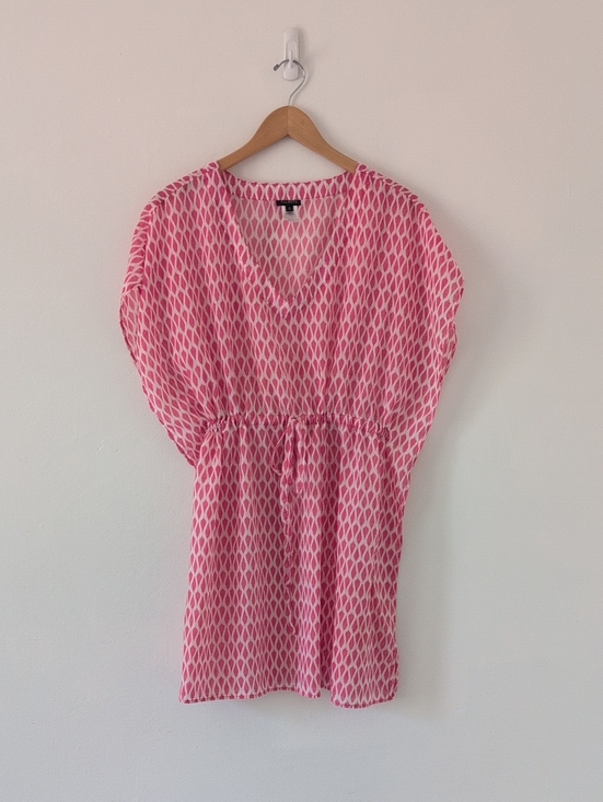 Talbots Other - Talbots Pink Geometric V-Neck Cinched Drawstring Tunic Swim Cover-up Sz Medium